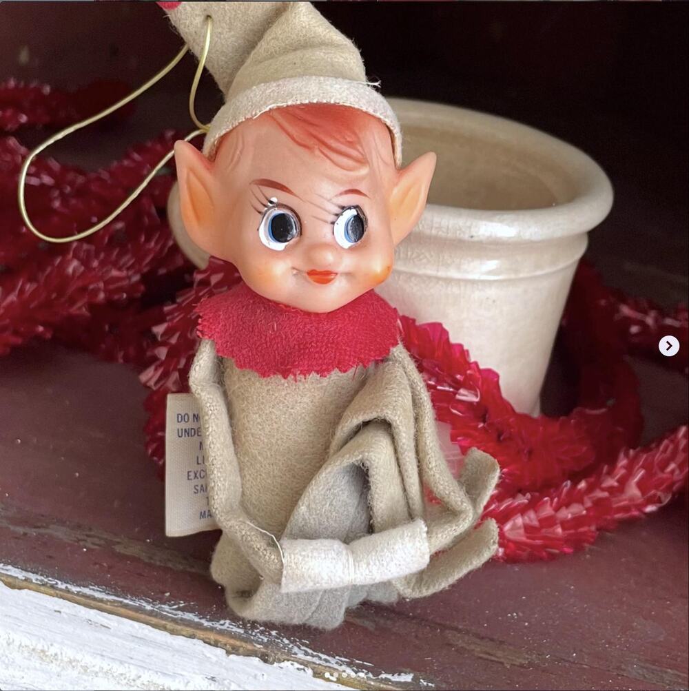 Vintage Christmas Knee Hugger Elf Rubber Face Pointy Ears Faded Green Suit Japan